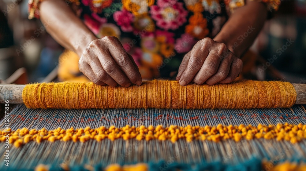 Poster hands of a skilled artisan working with bright yellow threads on a traditional loom, creating intric