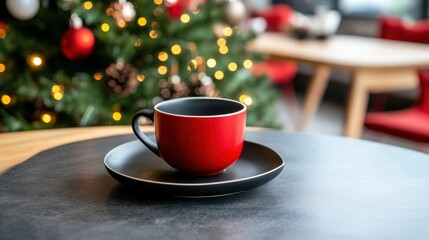 Obraz premium Red Coffee Cup on Black Plate with Christmas Tree in Background