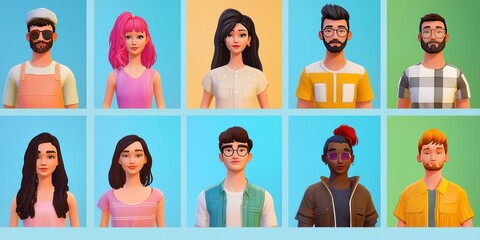 A grid display of generic avatars in various poses, each with different hairstyles and clothing, showcasing a range of personal styles.