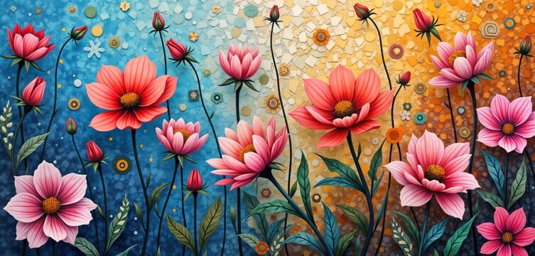 Vibrant floral art print. Pastel watercolors, mosaic abstract zentangles. Colorful flowers, leaves. Ideal for home decor like wallpaper fabric. Perfect for spring summer design projects. Beautiful,