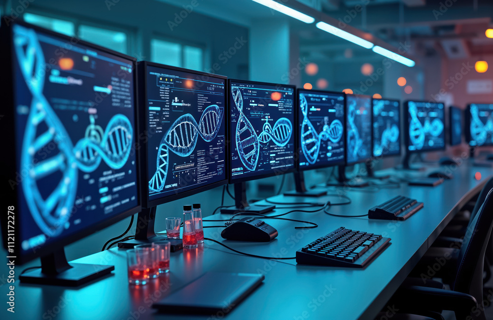 Aufkleber High-tech lab setting. Multiple monitors display DNA sequencing data. Advanced tech aids cutting-edge genetic research. Scientists work on complex molecular analysis. Modern laboratory environment.