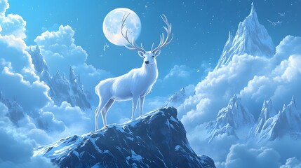 A majestic white deer with perfect antlers, on the mountain and the beautiful view of the full moon at night