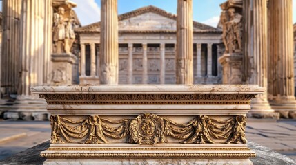 Fototapeta premium Ornate marble podium in front of a Roman temple, with tall Corinthian columns and detailed carvings, luxury product presentation, ancient Roman architecture