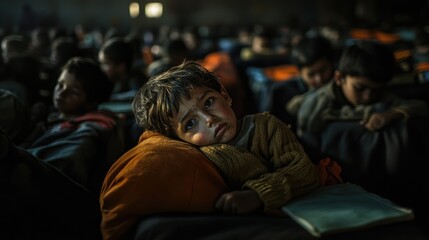 Fototapeta premium Child Refugee Exhaustion Dark Room, Sleep, Poverty, Despair, Hope