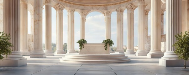 Fototapeta premium Roman-style podium with laurel accents, set in a grand open forum surrounded by marble pillars and arches, luxury product presentation, Roman classical beauty
