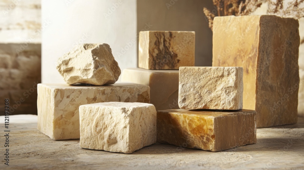 Aufkleber natural sandstone blocks with textured surfaces arranged in a rustic stack, warm tones enhancing the