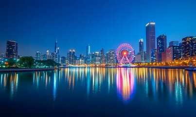 Illuminated Ferris wheel at night with cityscape in the background, Generative AI