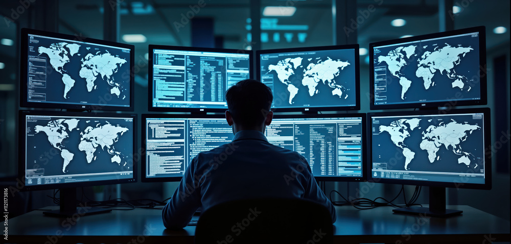 Poster Person works in global security operation center. Multiple monitors display information related to global activity. Person focused on managing, overseeing complex systems. Environment control center
