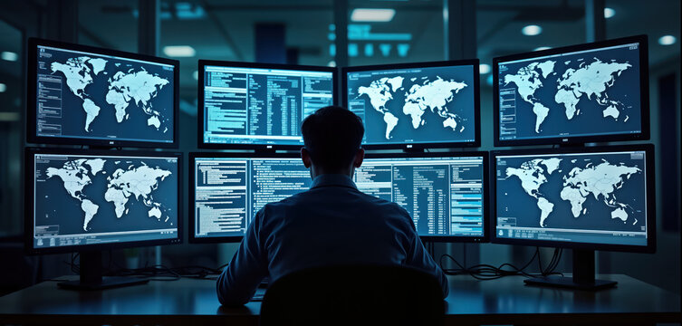 Person works in global security operation center. Multiple monitors display information related to global activity. Person focused on managing, overseeing complex systems. Environment control center