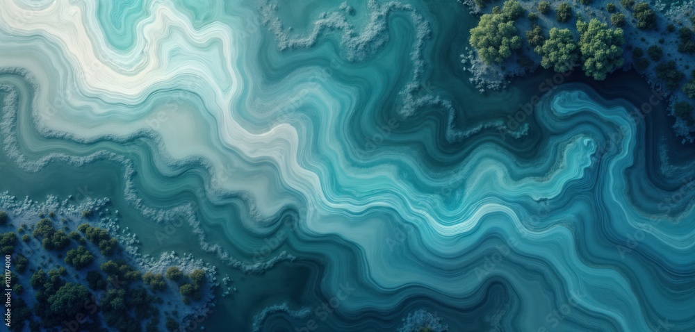 Poster abstract aerial view of tranquil turquoise water body with flowing patterns resembling marble. small