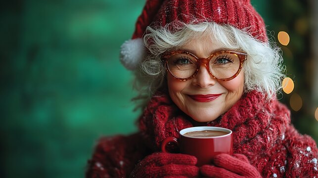 Festive Mrs Claus holding hot cocoa radiating joy and spreading holiday vibes on a bright green background