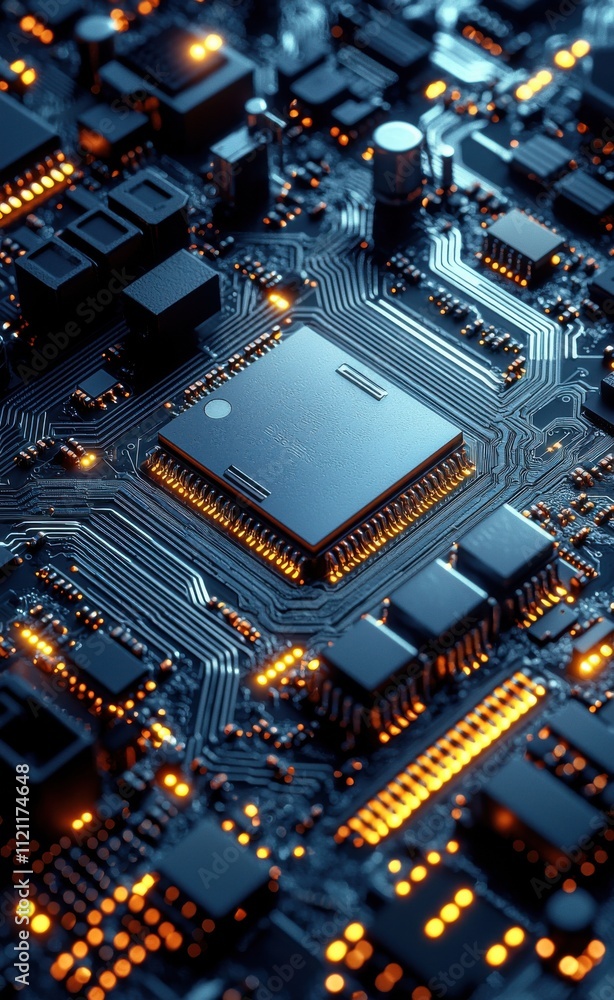 Poster close-up of a glowing computer circuit board and microchip