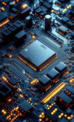 Fototapeta premium Close-up of a glowing computer circuit board and microchip