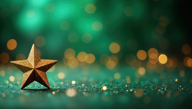 Golden star decoration on teal green background with bokeh lights. Festive holiday celebration backdrop for New Year Christmas cards, greetings. Glitter sparkles create soft focus. Suitable for