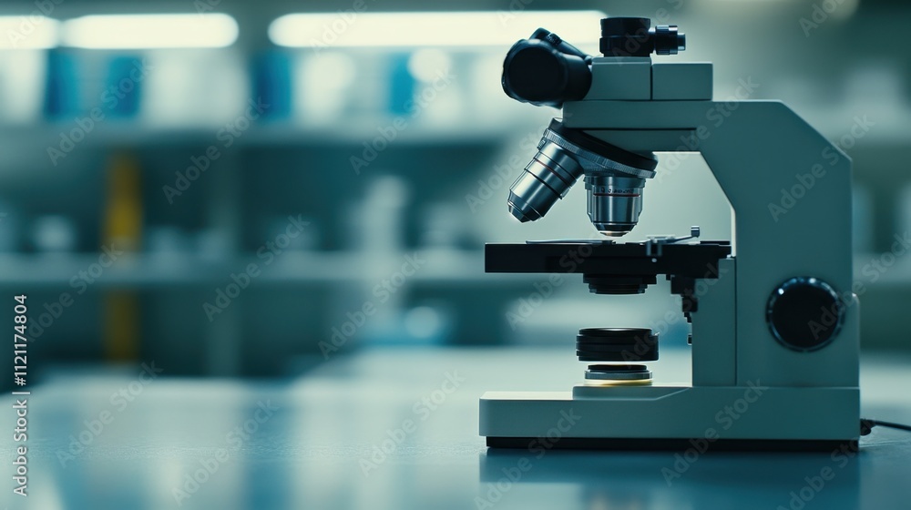 Poster modern microscope on laboratory table with blurred background