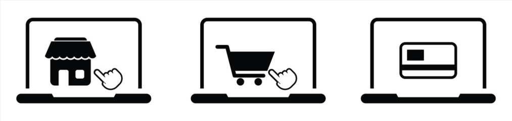 Black and White E-Commerce Icons on Laptops for Online Shopping