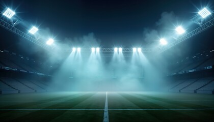 Empty stadium under dramatic night lighting. Powerful stadium lights shine through smoky atmosphere creating intense contrast. Dark night sky visible through haze. Sport entertainment event likely