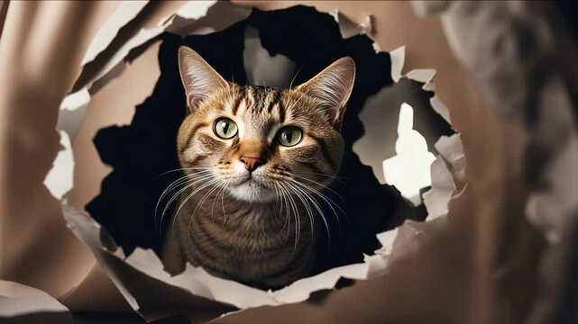 4k cat looking paper side torn hole olated kitten animal playful pet white studio wall adorable funny domestic pretty breed lovable sweet felino tabby front beautiful play