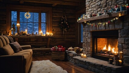 An illuminated fireplace decorated with snowflakes and rustic crafts, with gifts wrapped in textured paper nearby