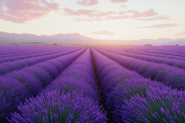 Fototapeta premium Vibrant lavender field under a colorful sunset in the countryside