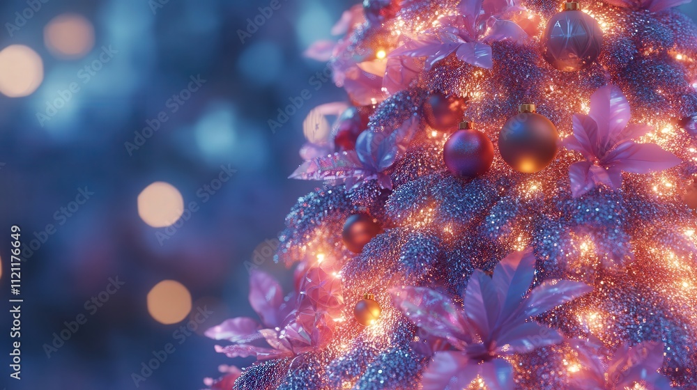 Poster a close-up of a digitally created christmas tree featuring intricate ai-generated decorations.
