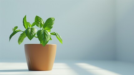 A small herb plant, like basil, in a cheerful pot, showcasing its vibrant green leaves on a stark white surface.