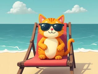 Summer Vacation: A Cute Orange Cat Relaxing on a Beach Chair