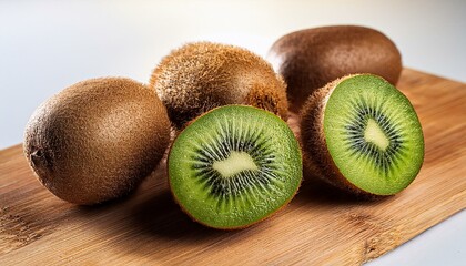 Green kiwi fruits on a wooden cutting board. generated image