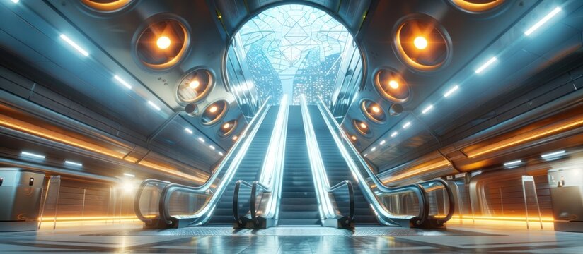 Futuristic underground transit tunnel featuring a sleek dynamic escalator system and innovative glass encased architectural design  The scene exudes a sense of technological progress motion