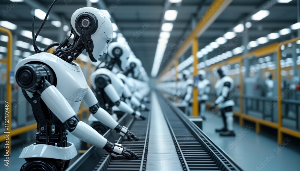 Poster futuristic factory shows many white robots working on assembly line. robots making parts for machine
