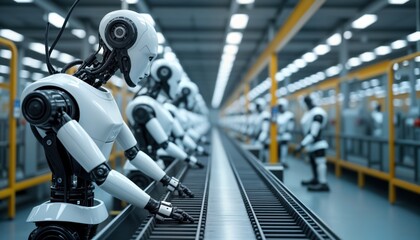 Fototapeta premium Futuristic factory shows many white robots working on assembly line. Robots making parts for machinery. Automated tech makes progress. High tech manufacturing in future. Advanced production in