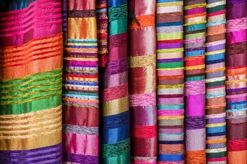 Traditional colorful fabrics for sale in Marrakesh, Morocco