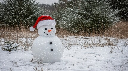 A snowman wearing a classic Santa hat, perched outdoors in a snowy field surrounded by nature