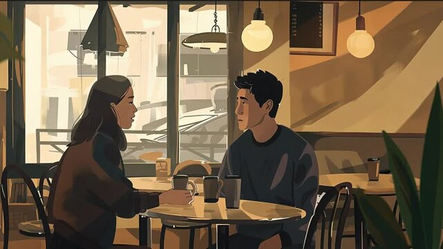 A couple sits at a cozy caf , engaging in conversation over coffee in a warm, relaxed atmosphere.