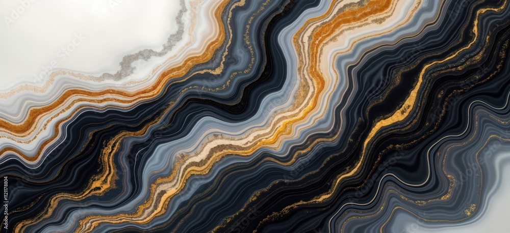 Poster Luxury abstract fluid art design features flowing black gray, gold marble patterns. Sophisticated color combination creates elegant look. Excellent background image for high-end products. Suitable
