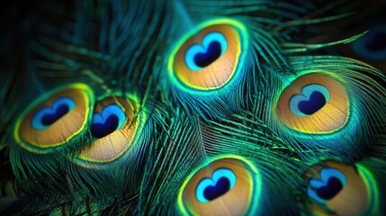 Obraz premium full beauty of peacock feathers spread out, with brilliant colors of emerald, gold, and deep blue reflecting the light.