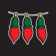 christmas lights green with a red bow cartoon sticker isolated in black background high quality vector decoration festival colorful