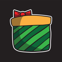 christmas gift box green with a red bow cartoon sticker isolated in black background high quality vector decoration festival colorful