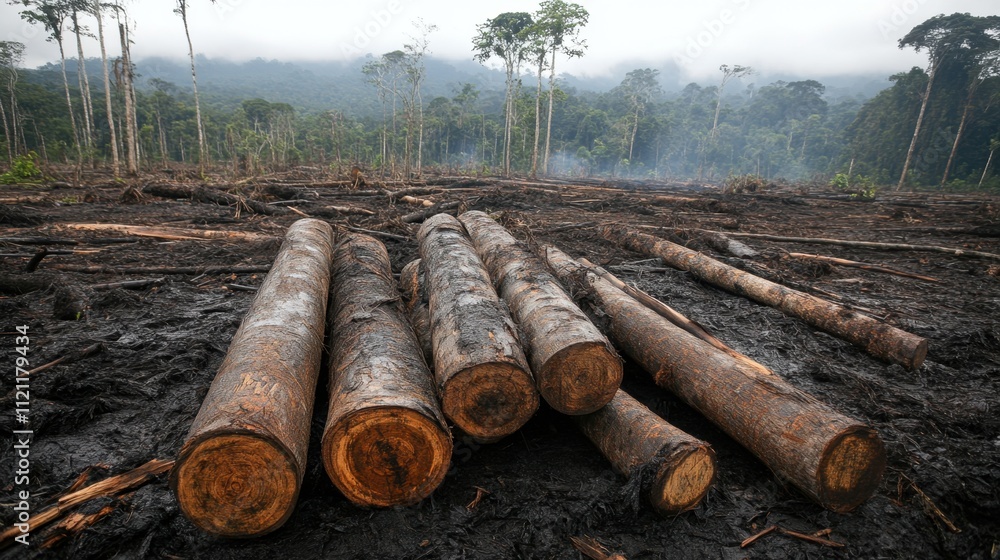 Poster stacked tree trunks in a forest area, representing deforestation and environmental degradation