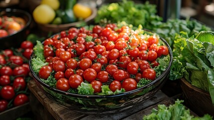 Fresh Organic Cherry Tomatoes Piled High in a Bowl Surrounded by Crisp Greens and Vibrant Vegetables at a Local Farmers Market