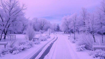 Obraz premium Winter Wonderland: A serene path winds through a frost-covered forest, bathed in ethereal purple light. The trees stand tall and proud, their branches laden with snow.