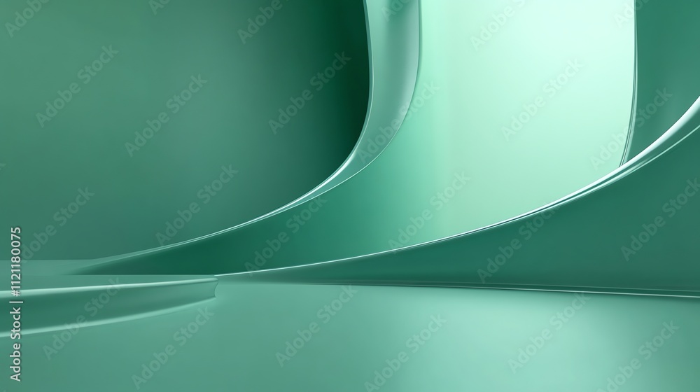Poster abstract geometric background with curved green shapes and a platform.