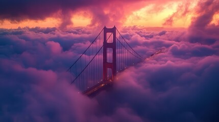 Fototapeta premium Golden Gate Bridge surrounded by glowing sunset clouds, its majestic form standing tall against the colorful