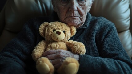Elderly Person Holding a Teddy Bear, Feeling Lonely and Sad
