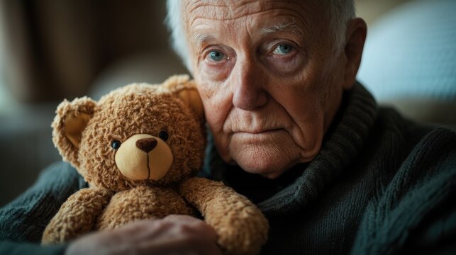 Elderly Man Comforting Worn Teddy Bear, Feeling Lonely, Sadness - Powered by Adobe