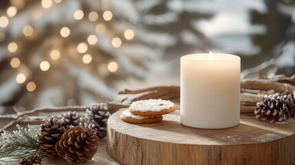 A cozy First Advent Sunday setting with a white Christmas candle placed on rustic wooden boards.