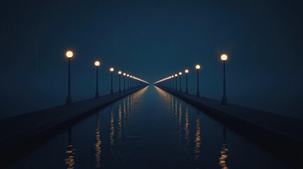 bridge by the sea, light bulb poles illuminating the water below, creating a beautiful symmetry between the bridge and the ocean's surface