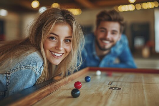 Friends enjoying a fun game of shuffleboard in a cozy indoor venue