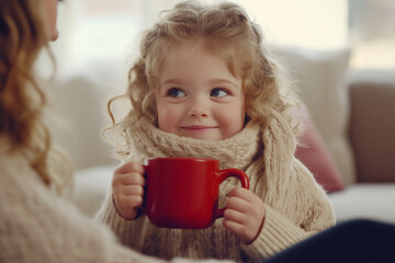Fototapeta premium A little girl with curly hair holding a red mug. She is dressed in a cozy sweater and scarf, sitting in a warm home setting with a bright smile. The atmosphere is full of warmth and comfort