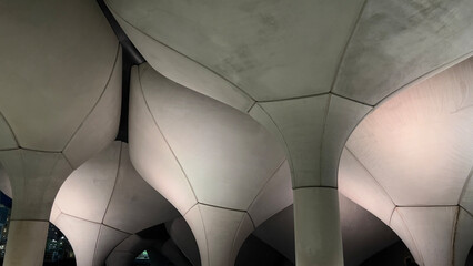 Abstract concrete columns with smooth curves and geometric patterns, showcasing modern architectural design and lighting.